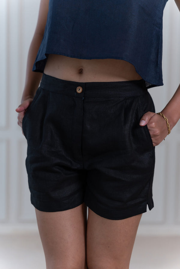 Linen Front Zipper Shorts- Black