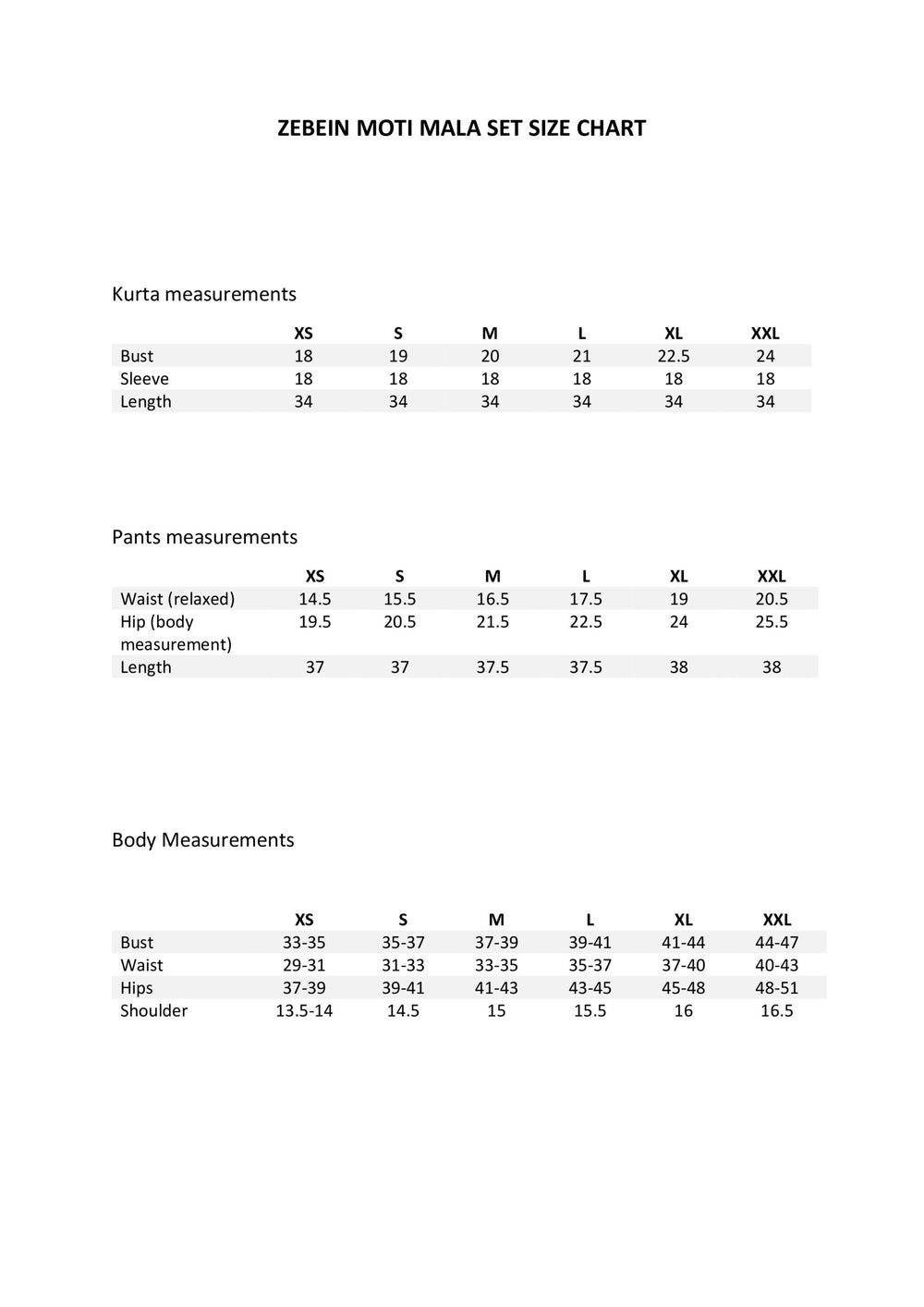 Size Chart 1