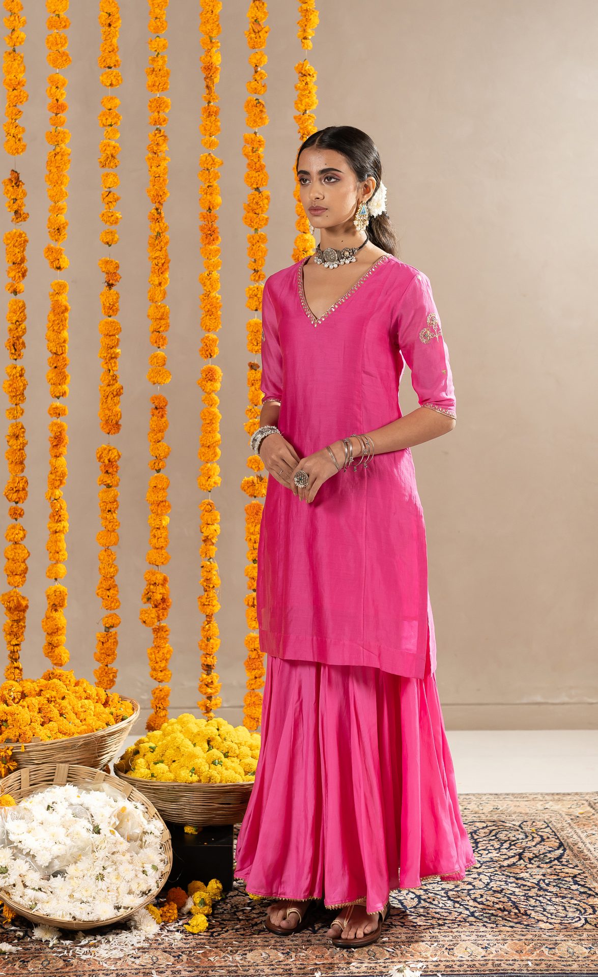 Madhavi V-Neck Straight Kurta With Gharara - Pink