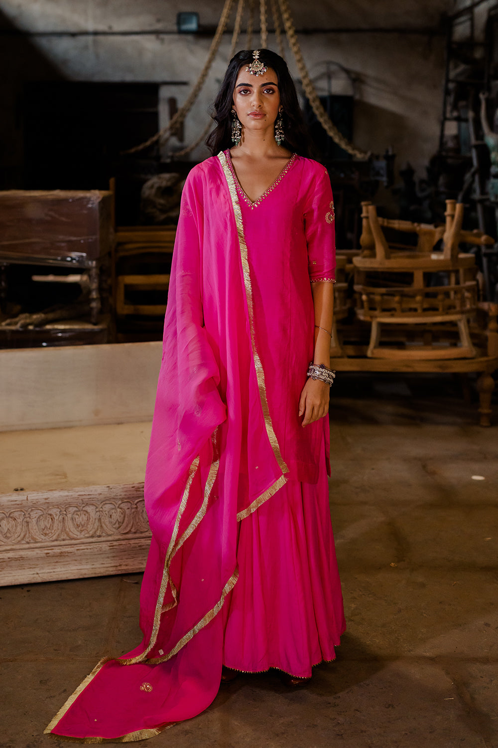 Madhavi V-Neck Straight Kurta With Gharara - Pink