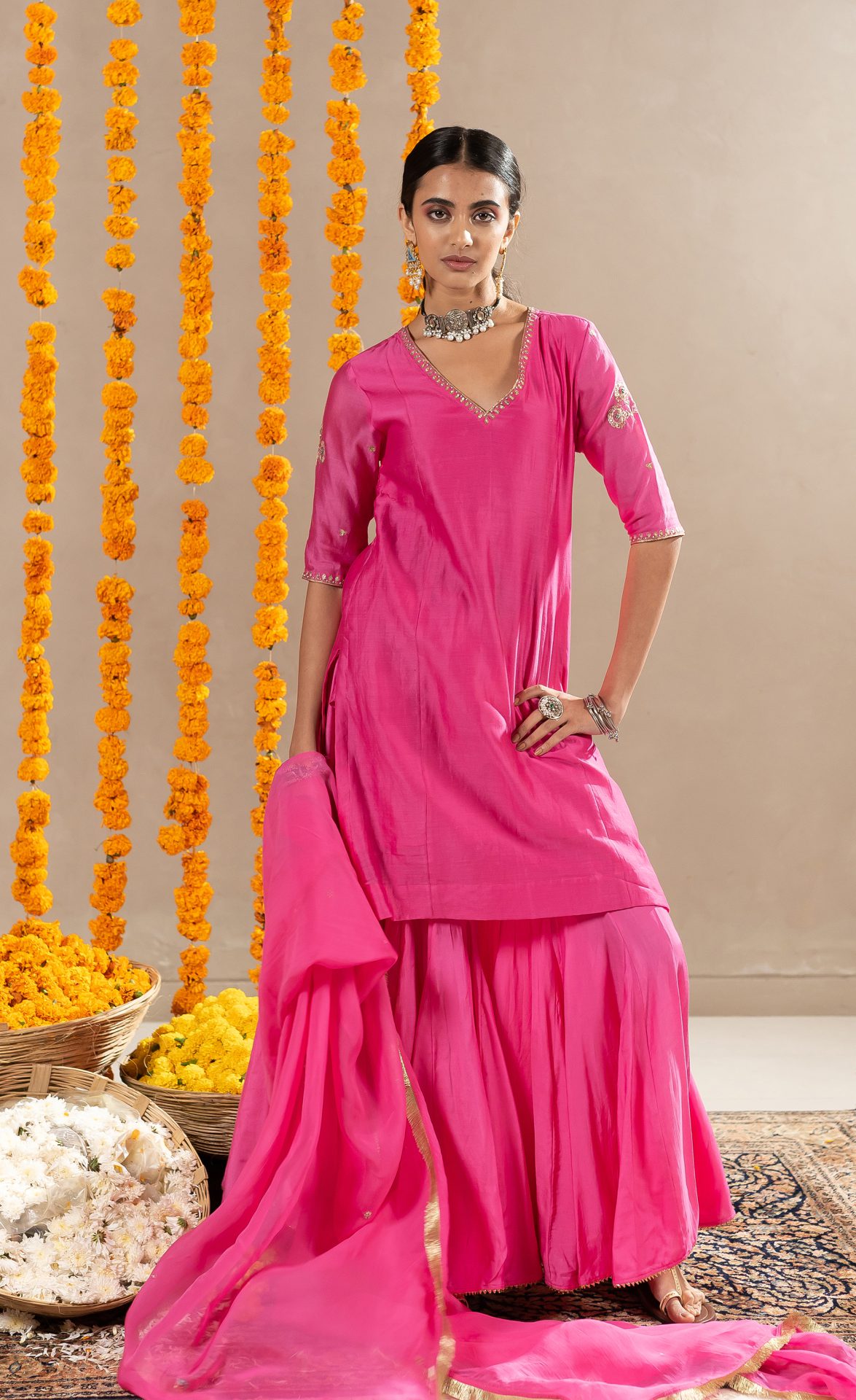 Madhavi V-Neck Straight Kurta With Gharara - Pink