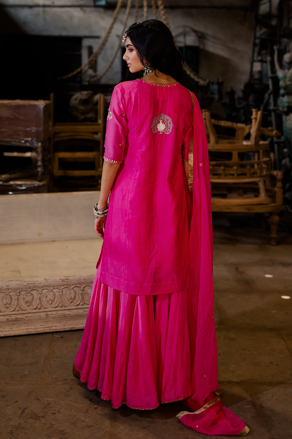 Madhavi V-Neck Straight Kurta With Gharara - Pink