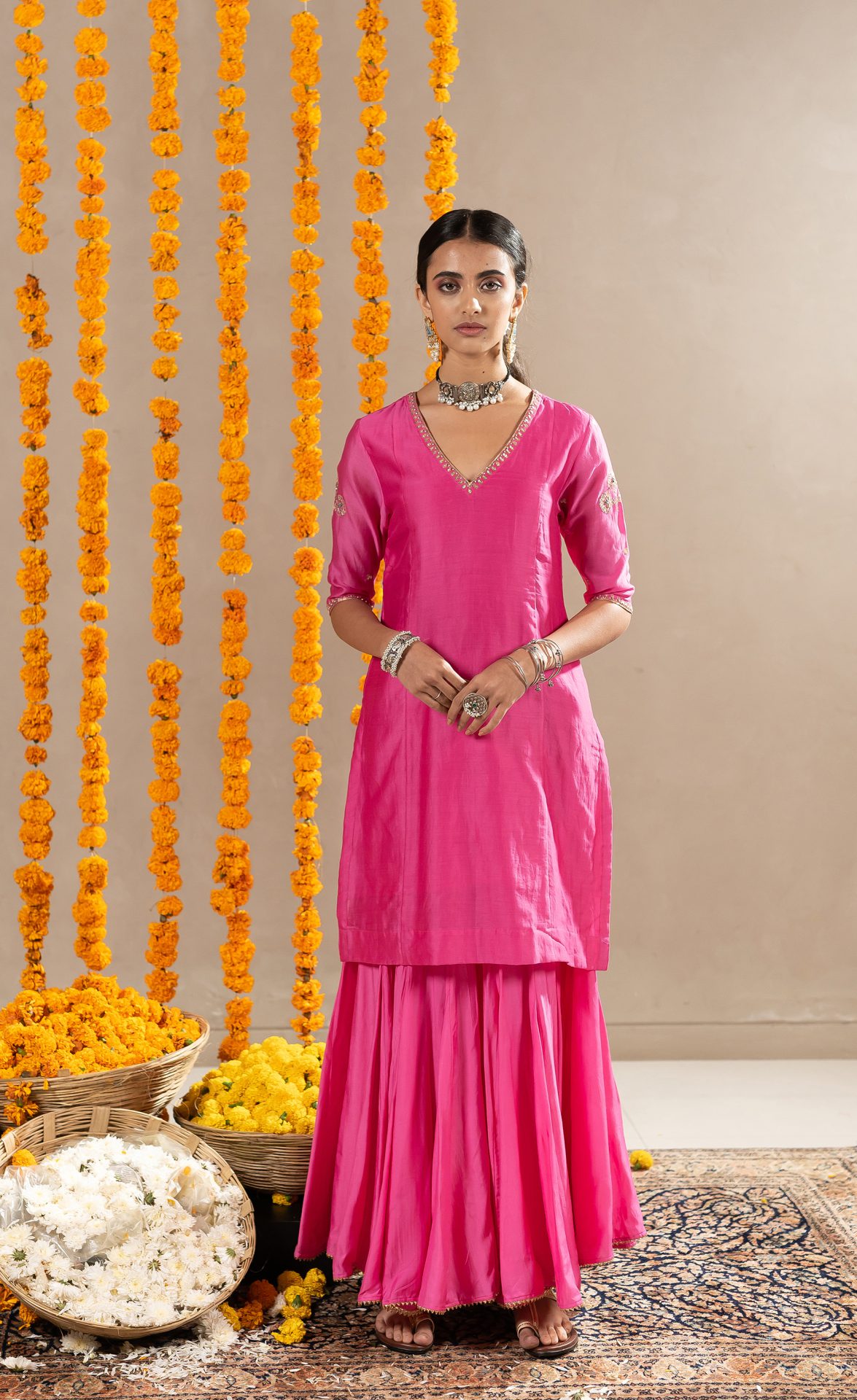Madhavi V-Neck Straight Kurta With Gharara - Pink