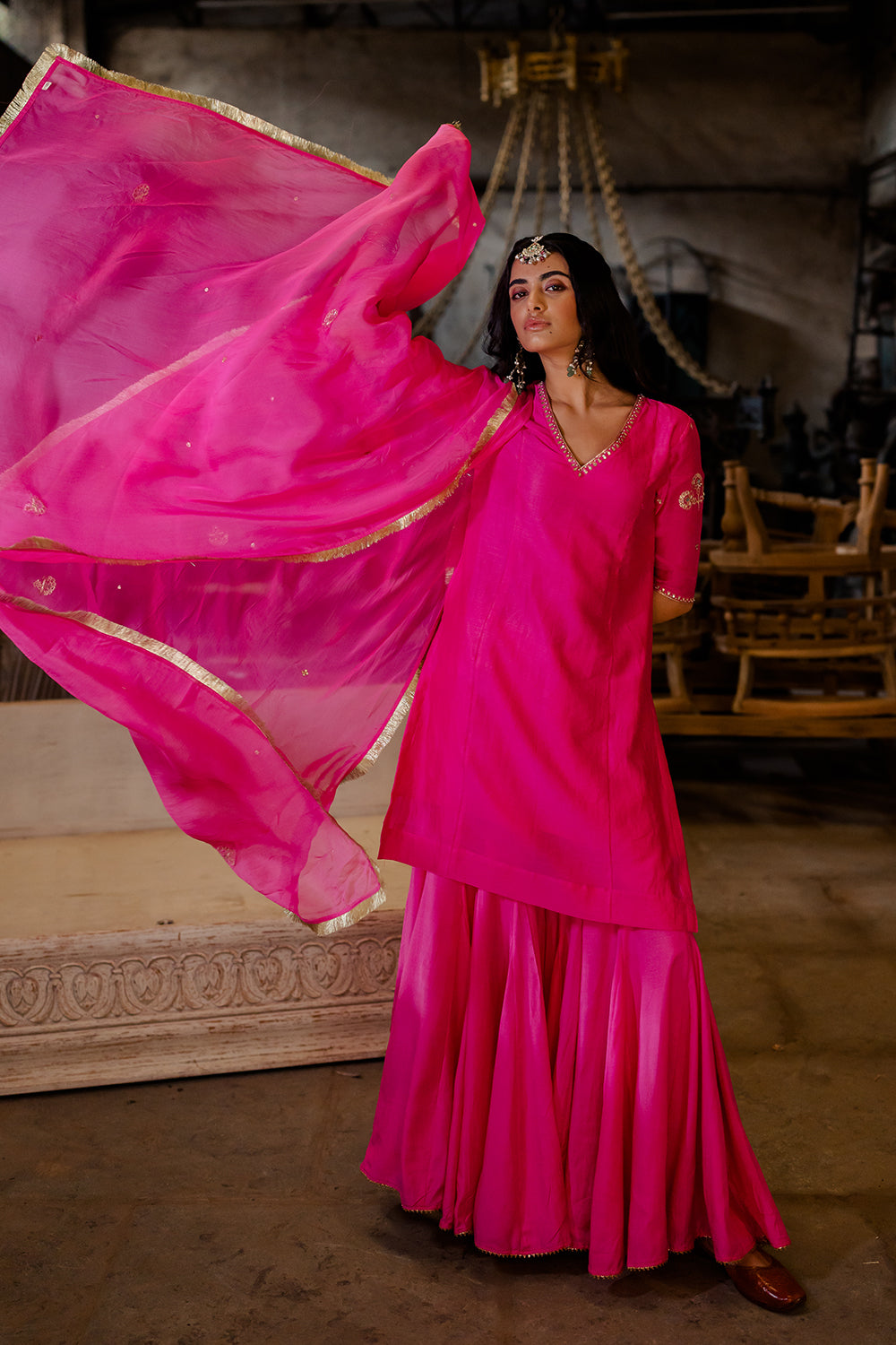 Madhavi V-Neck Straight Kurta With Gharara - Pink