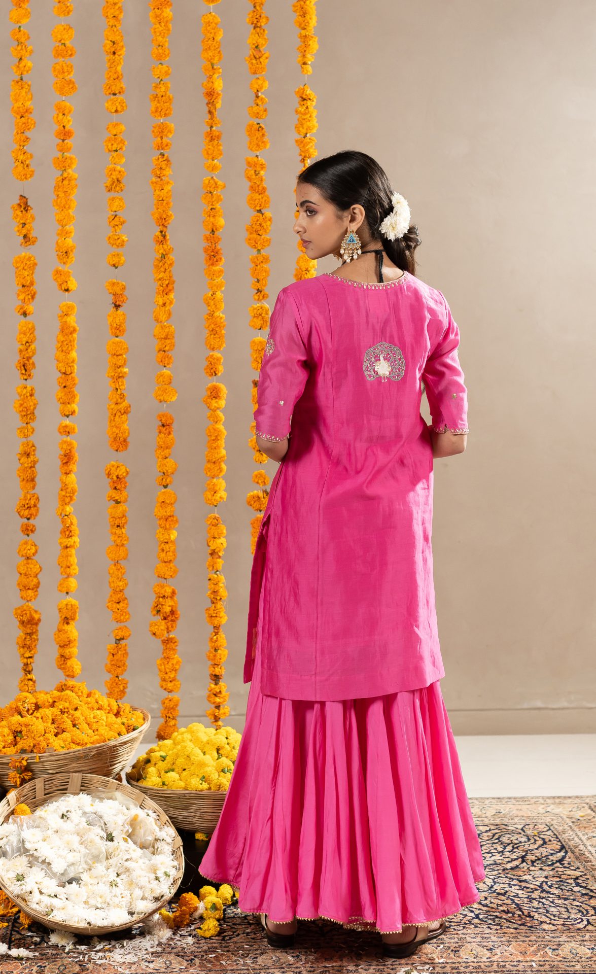 Madhavi V-Neck Straight Kurta With Gharara - Pink