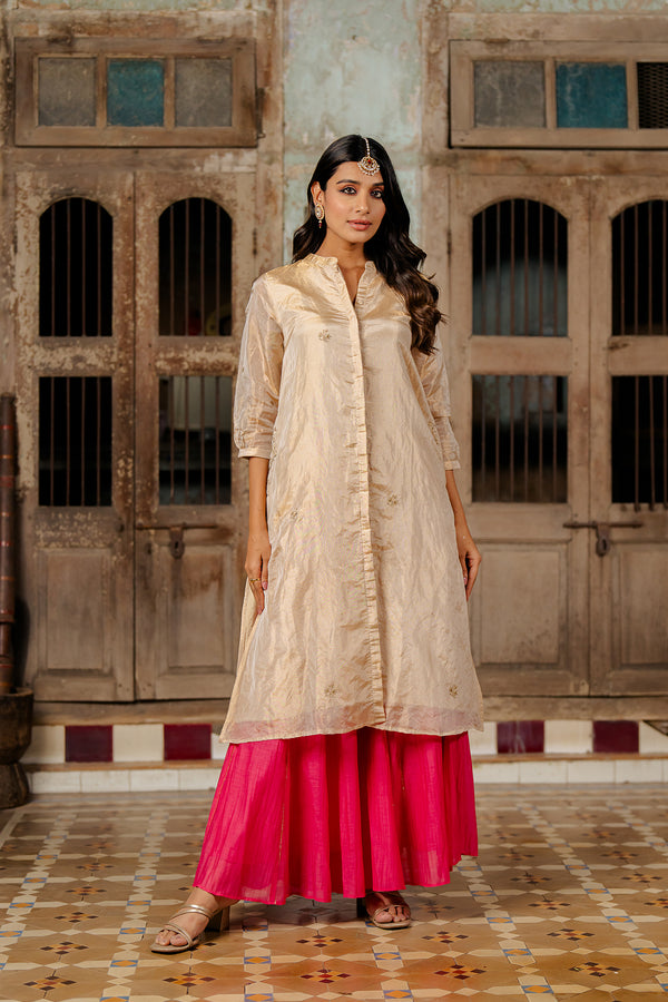 Mahira Buttoned Tissue kurta with Chanderi silk Sharara - Gold and Pink