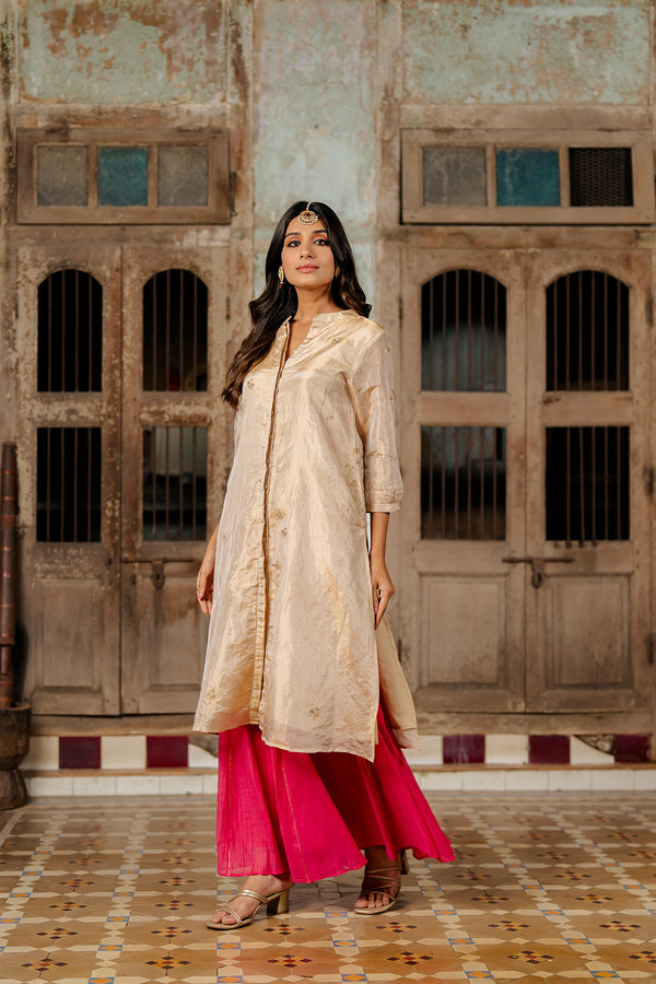 Mahira Buttoned Tissue kurta with Chanderi silk Sharara - Gold and Pink