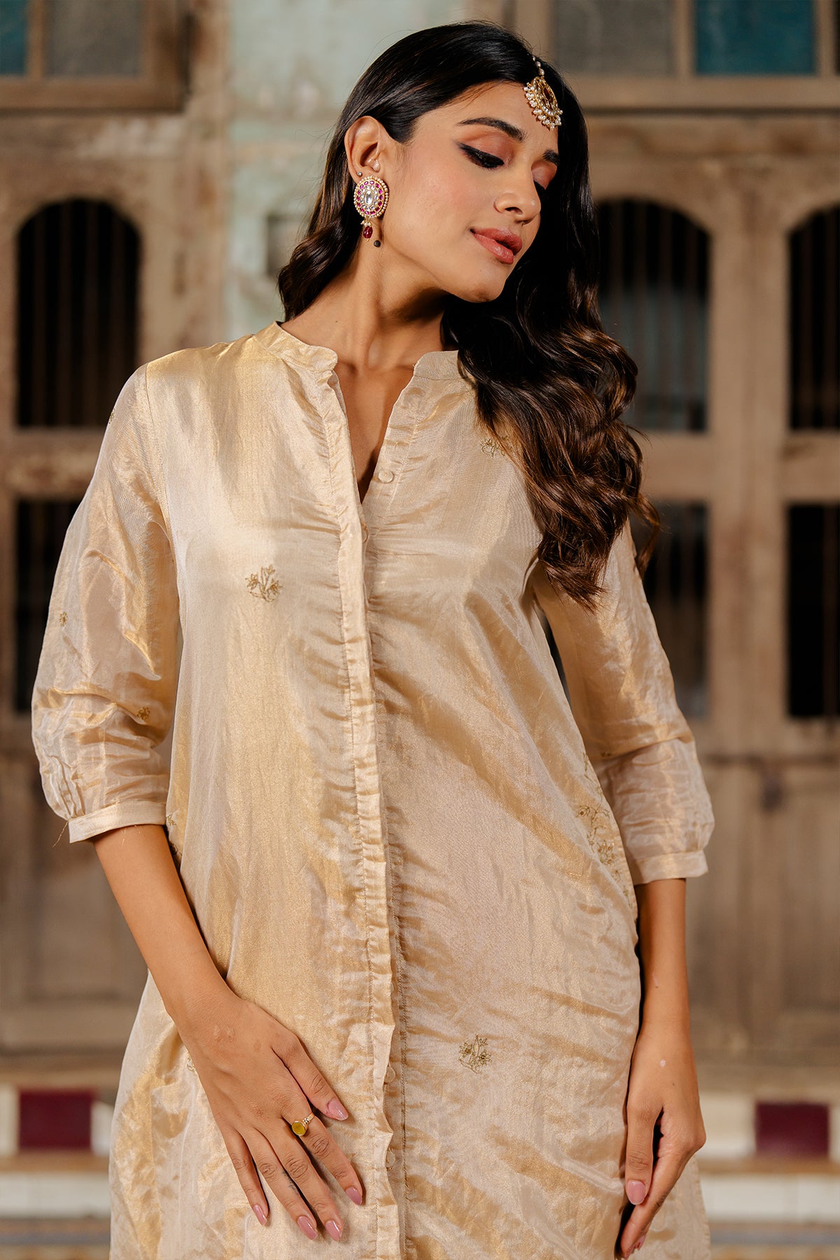 Mahira Buttoned Tissue kurta with Chanderi silk Sharara - Gold and Pink