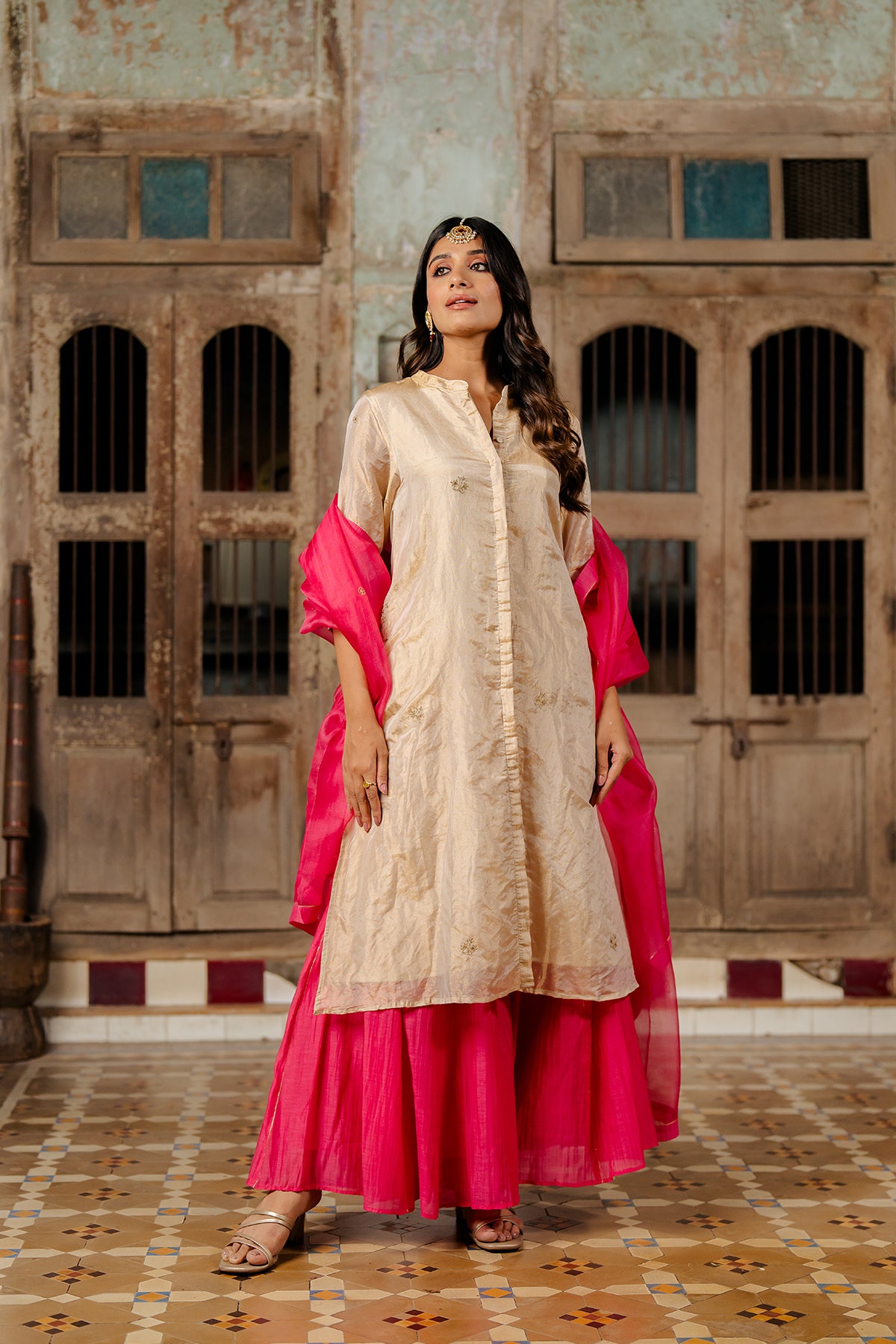Mahira Buttoned Tissue kurta with Chanderi silk Sharara - Gold and Pink