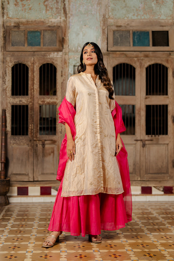 Mahira Buttoned Tissue kurta with Chanderi silk Sharara - Gold and Pink