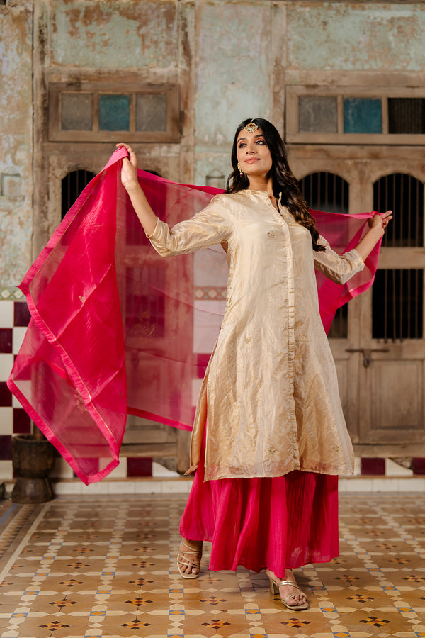 Mahira Buttoned Tissue kurta with Chanderi silk Sharara - Gold and Pink