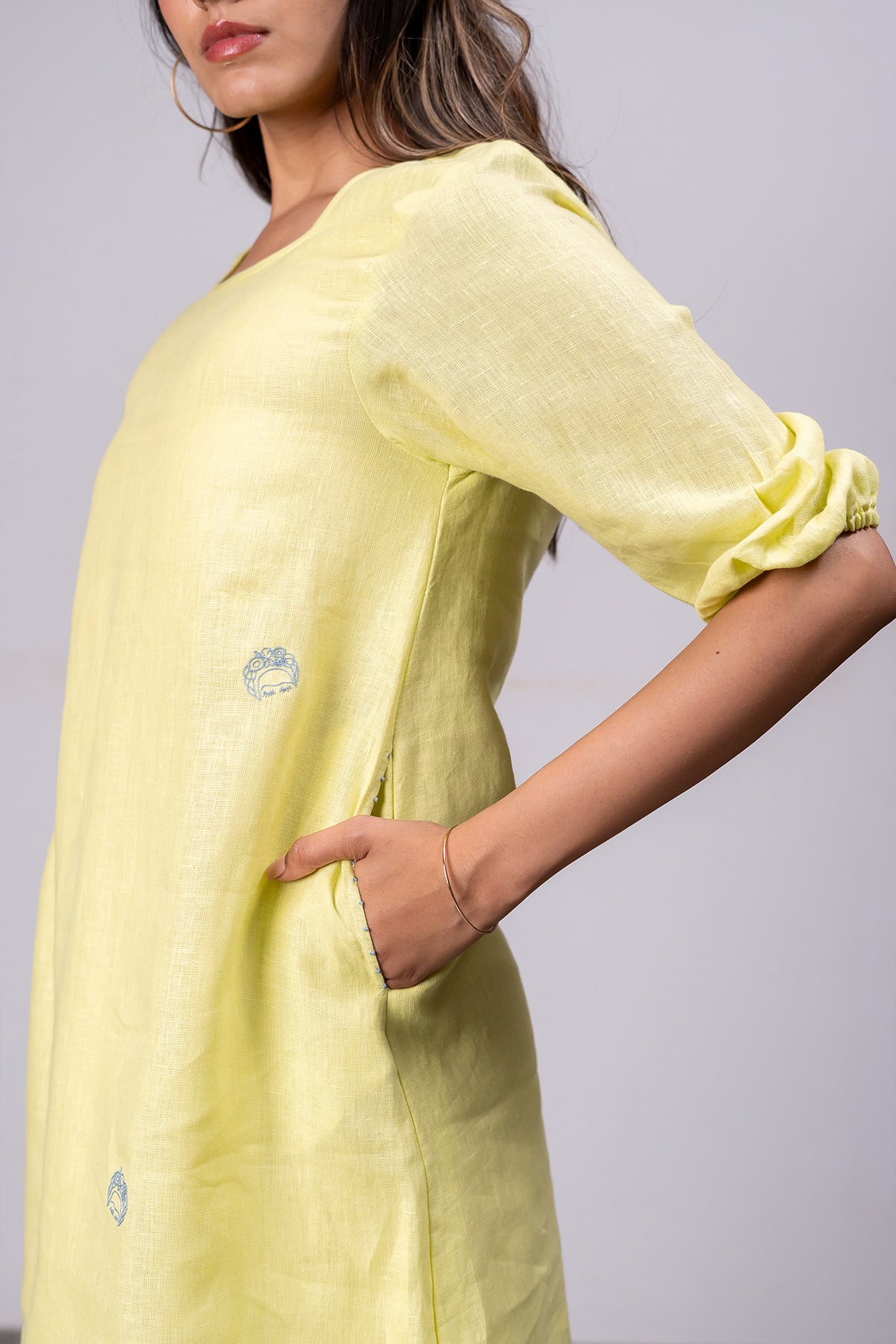 Marie Linen A – Line Short Dress With Pockets – Lime