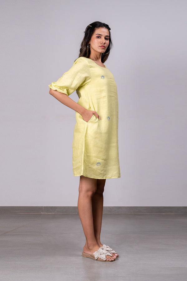 Marie  Linen A- Line Short Dress with pockets -  Lime