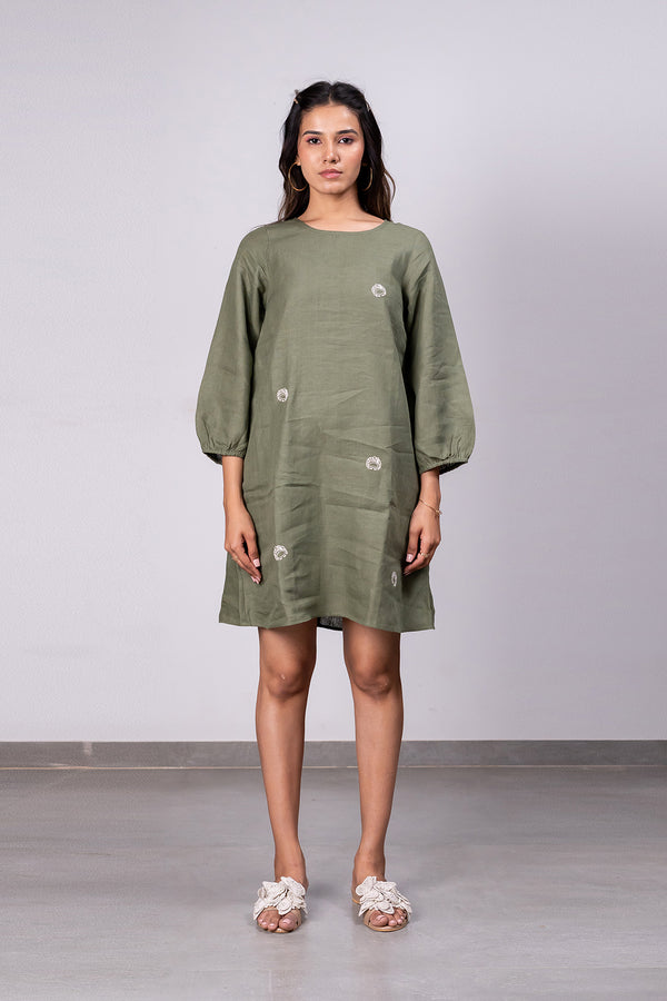 Marie Linen A- Line Short Dress With Pockets – Olive Green