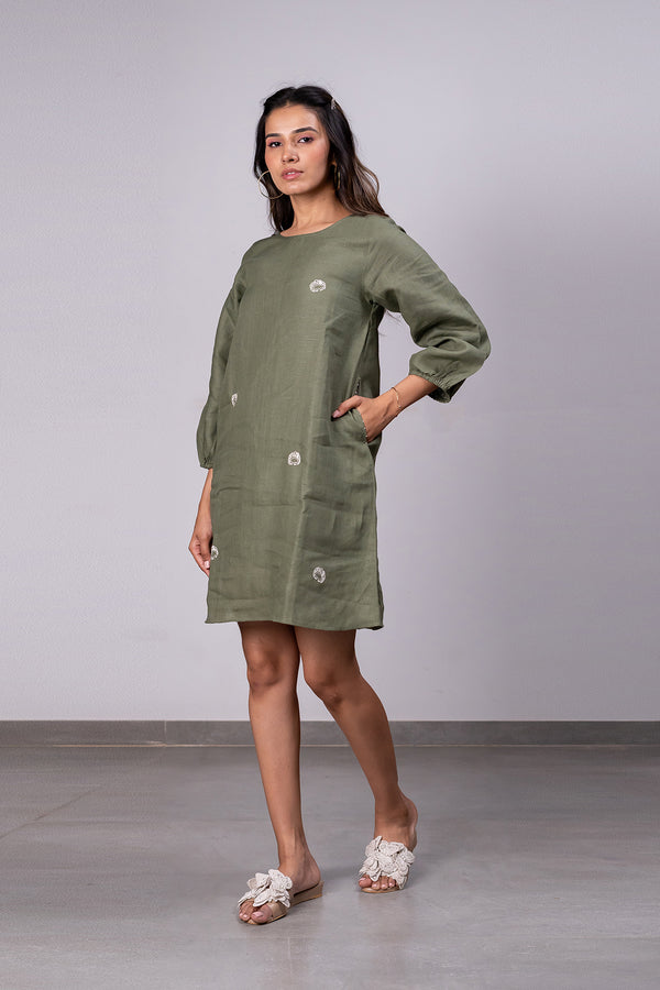 Marie Linen A- Line Short Dress With Pockets – Olive Green