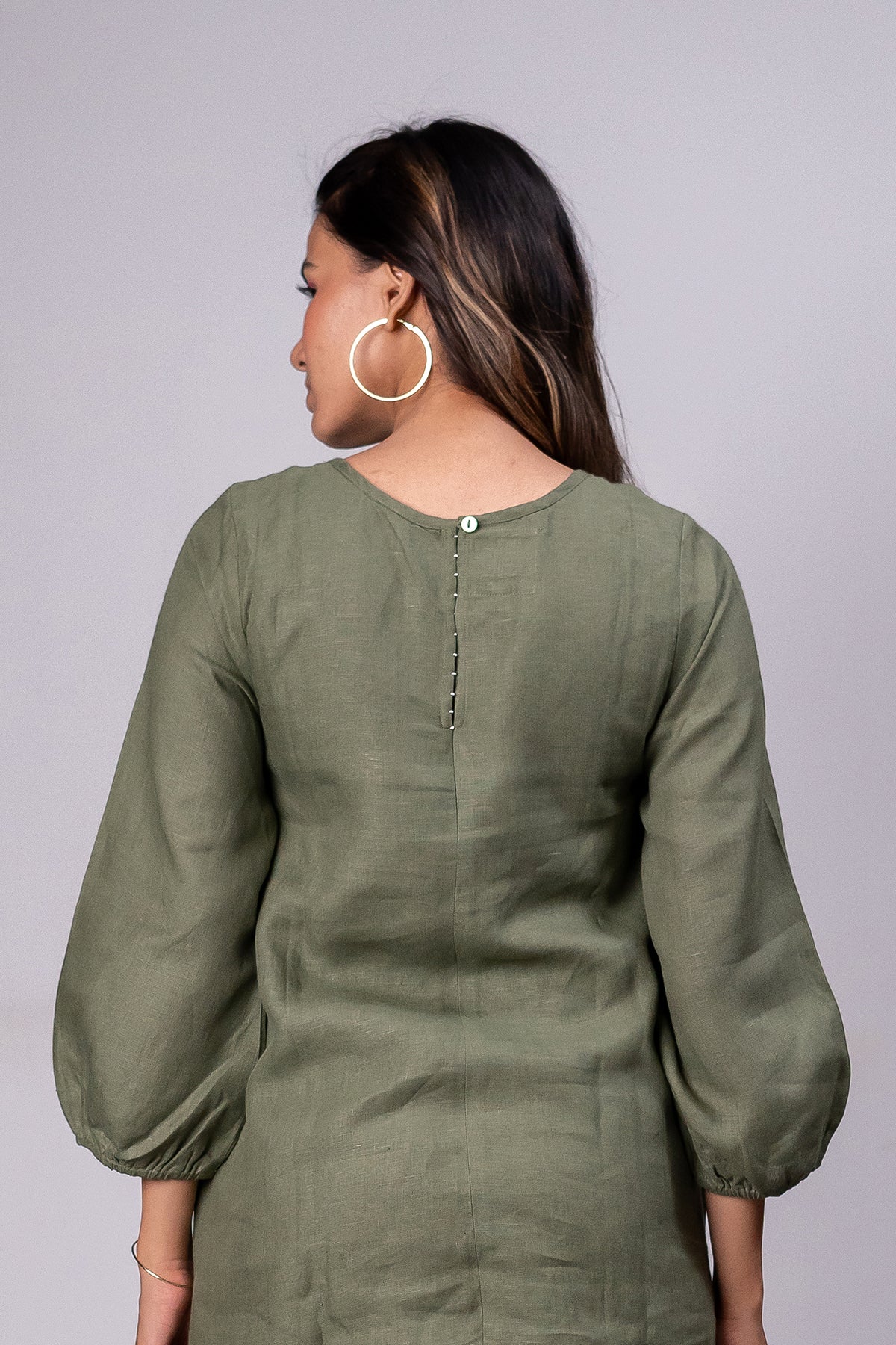 Marie Linen A- Line Short Dress With Pockets – Olive Green