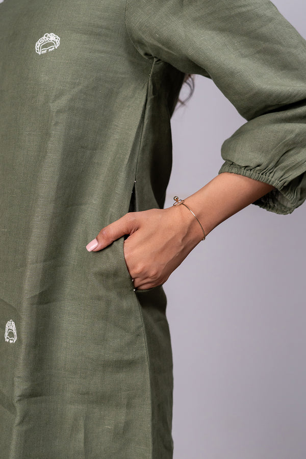 Marie Linen A- Line Short Dress With Pockets – Olive Green