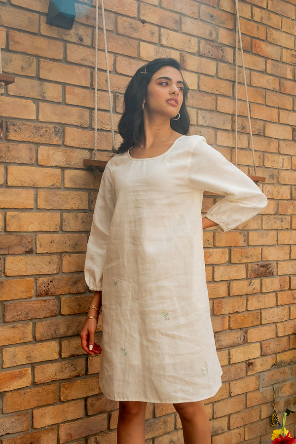 Marie Linen A – Line Short Dress With Pockets – Off-white