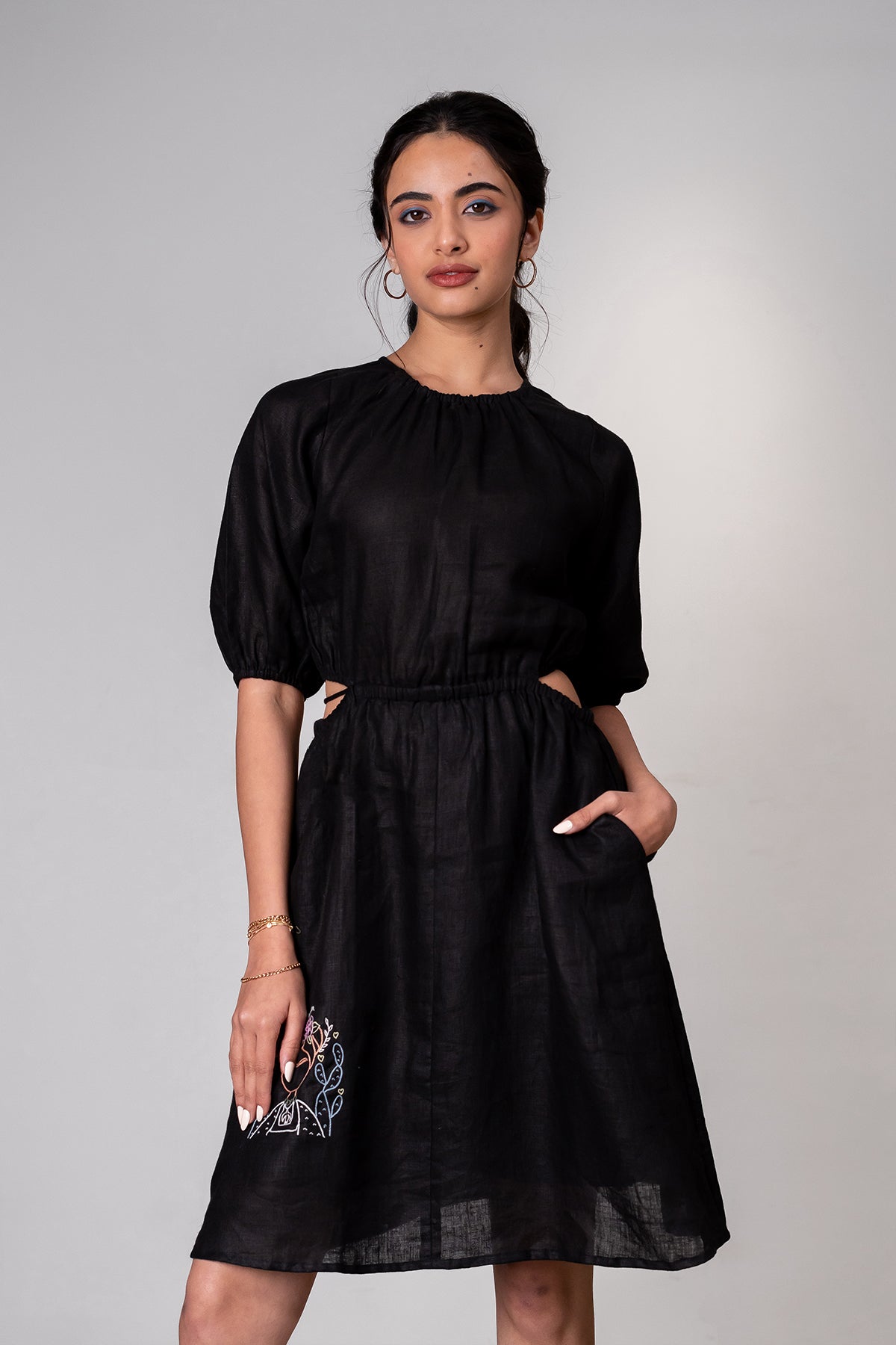 Marlow Linen Side Cut Waist Short Dress with Pockets - Black