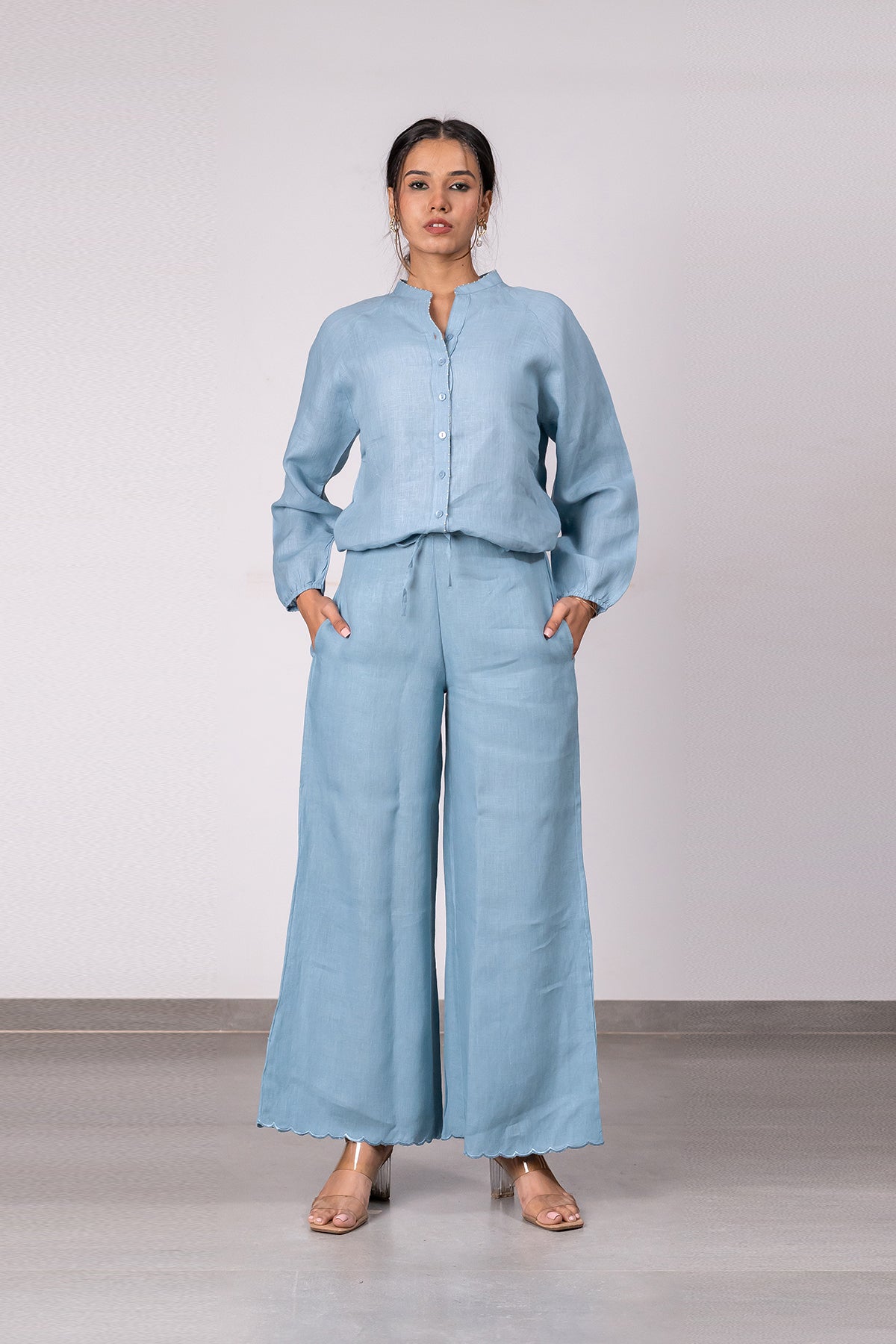 Martha Linen Cutwork Pants – Icy Blue