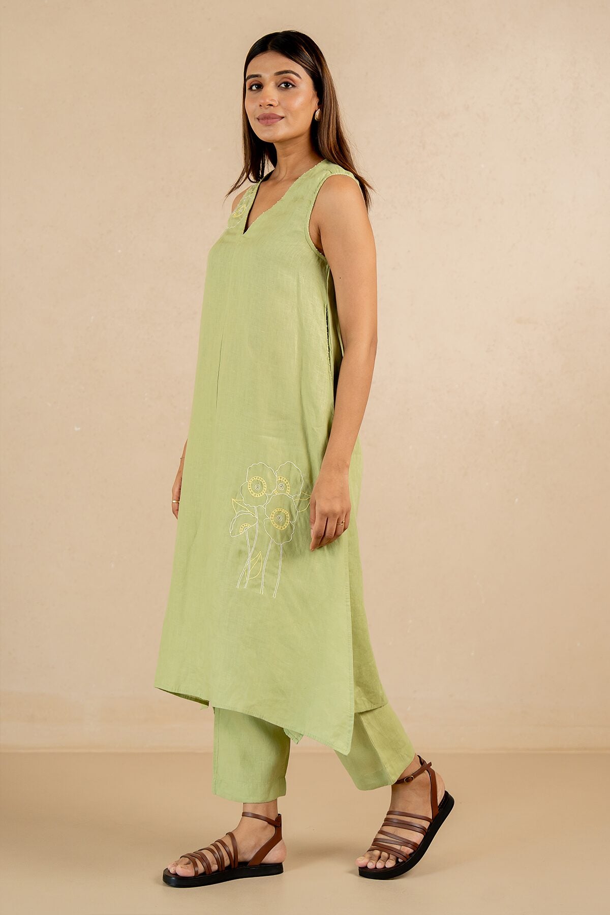 Maya Linen Narrow Pants - Algae Green