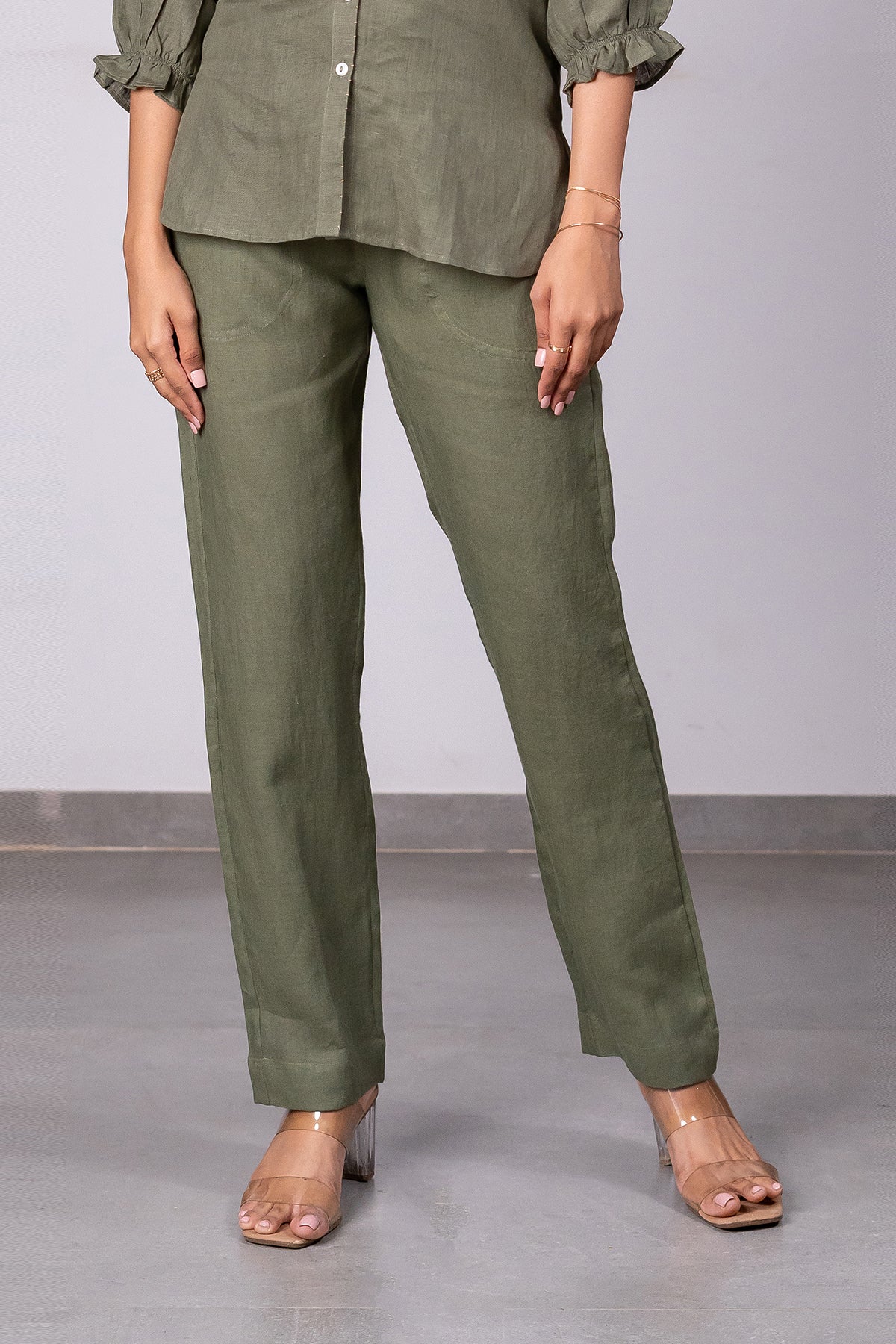 Maya Linen Narrow Pants – Olive Green