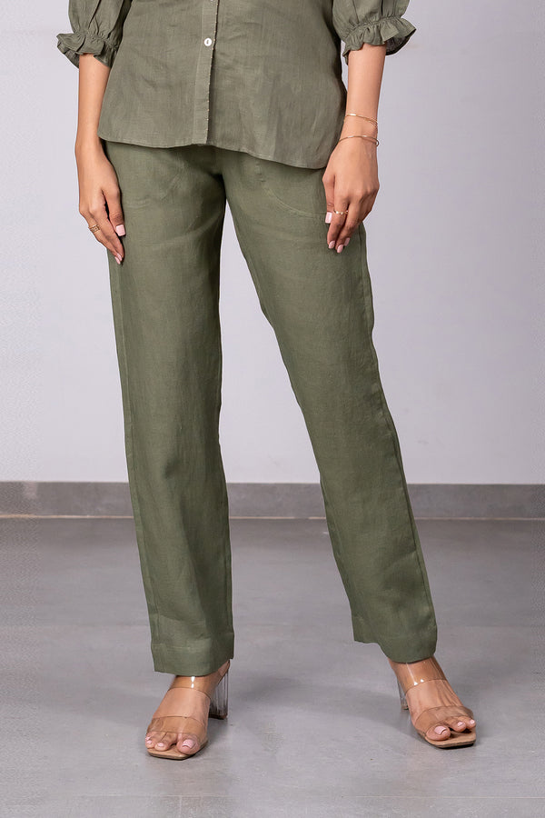 Maya Linen Narrow Pants – Olive Green