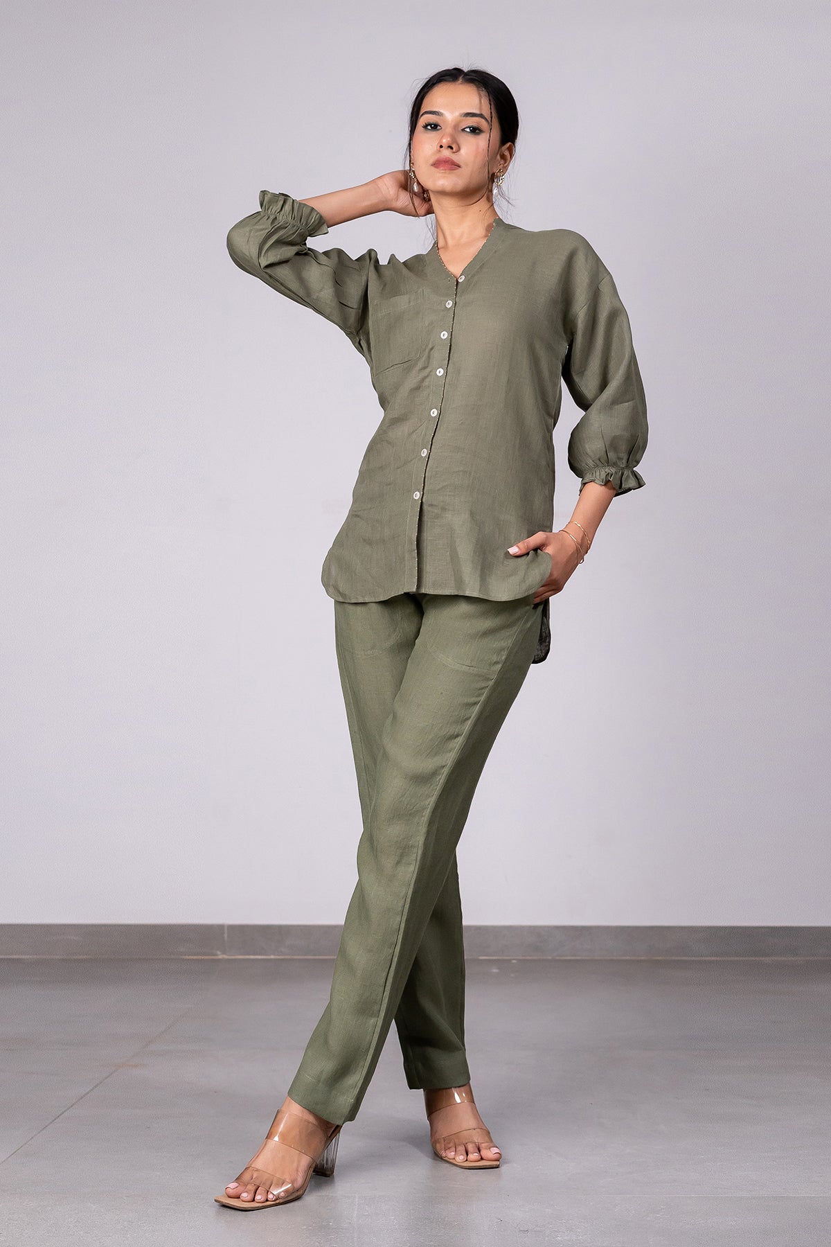 Maya Linen Narrow Pants – Olive Green