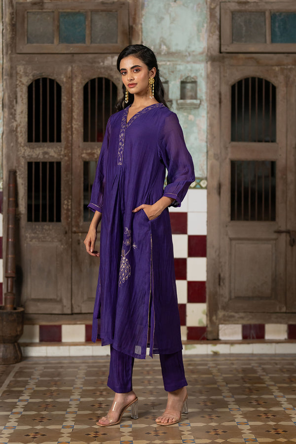 Mayur Chanderi Silk A-line Kurta with Pants - Purple