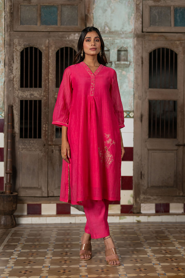 Mayur Chanderi Silk A-line Kurta with Pants - Pink