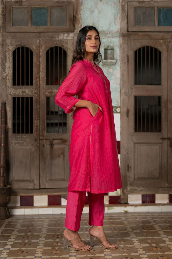 Mayur Chanderi Silk A-line Kurta with Pants - Pink