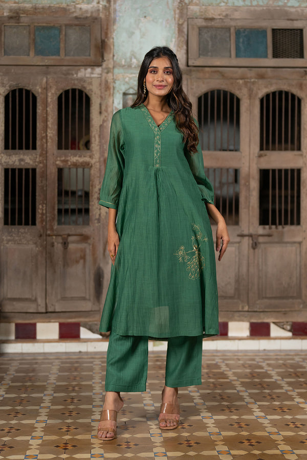 Mayur Chanderi Silk A-line Kurta with Pants - Green