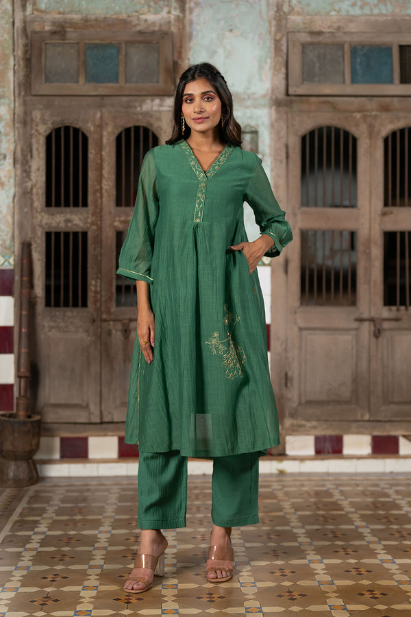 Mayur Chanderi Silk A-line Kurta with Pants - Green