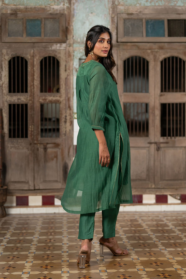 Mayur Chanderi Silk A-line Kurta with Pants - Green