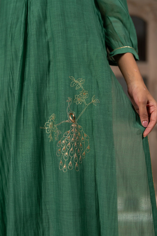 Mayur Chanderi Silk A-line Kurta with Pants - Green