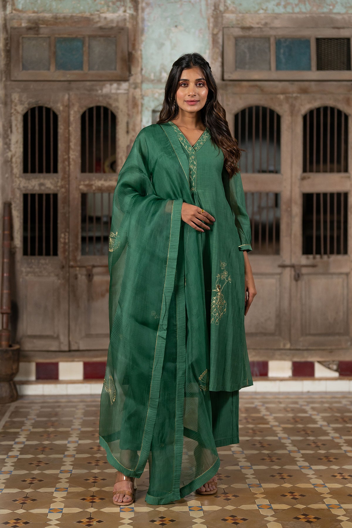 Mayur Silk Organza Dupatta - Green