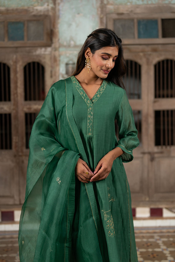 Mayur Silk Organza Dupatta - Green