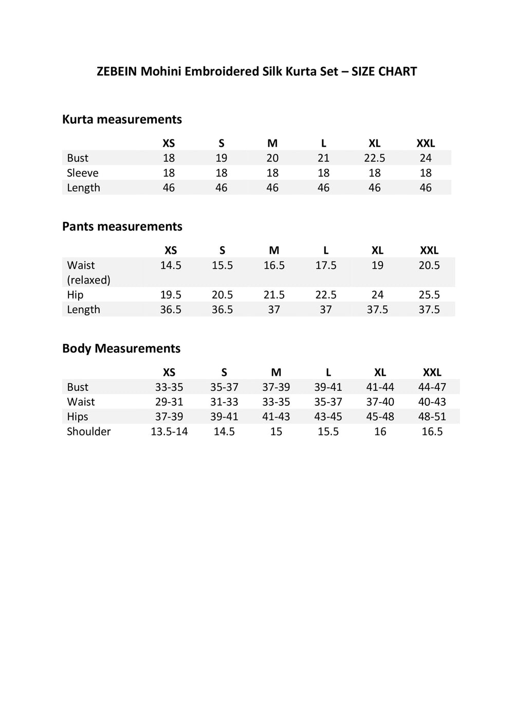Size Chart 1
