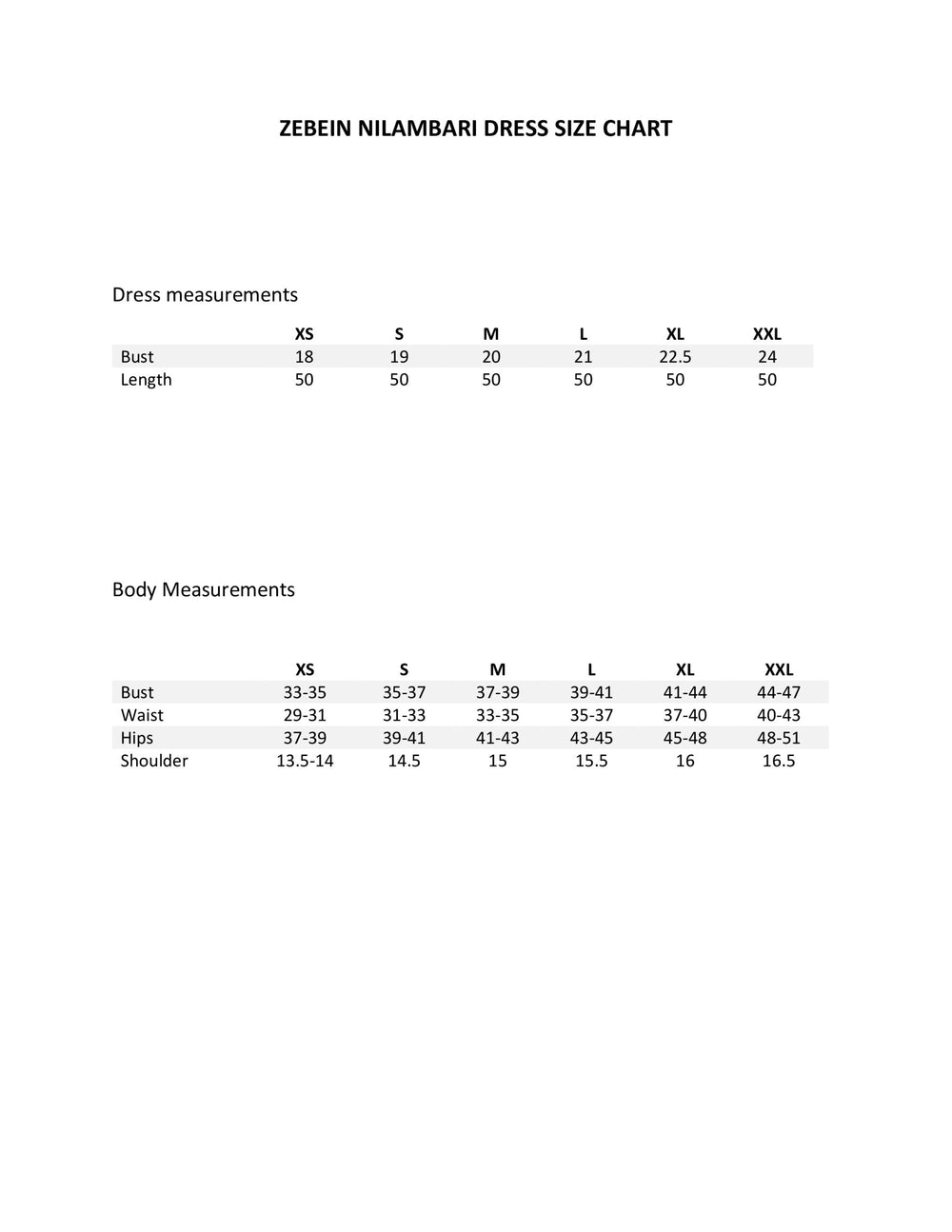Size Chart 1
