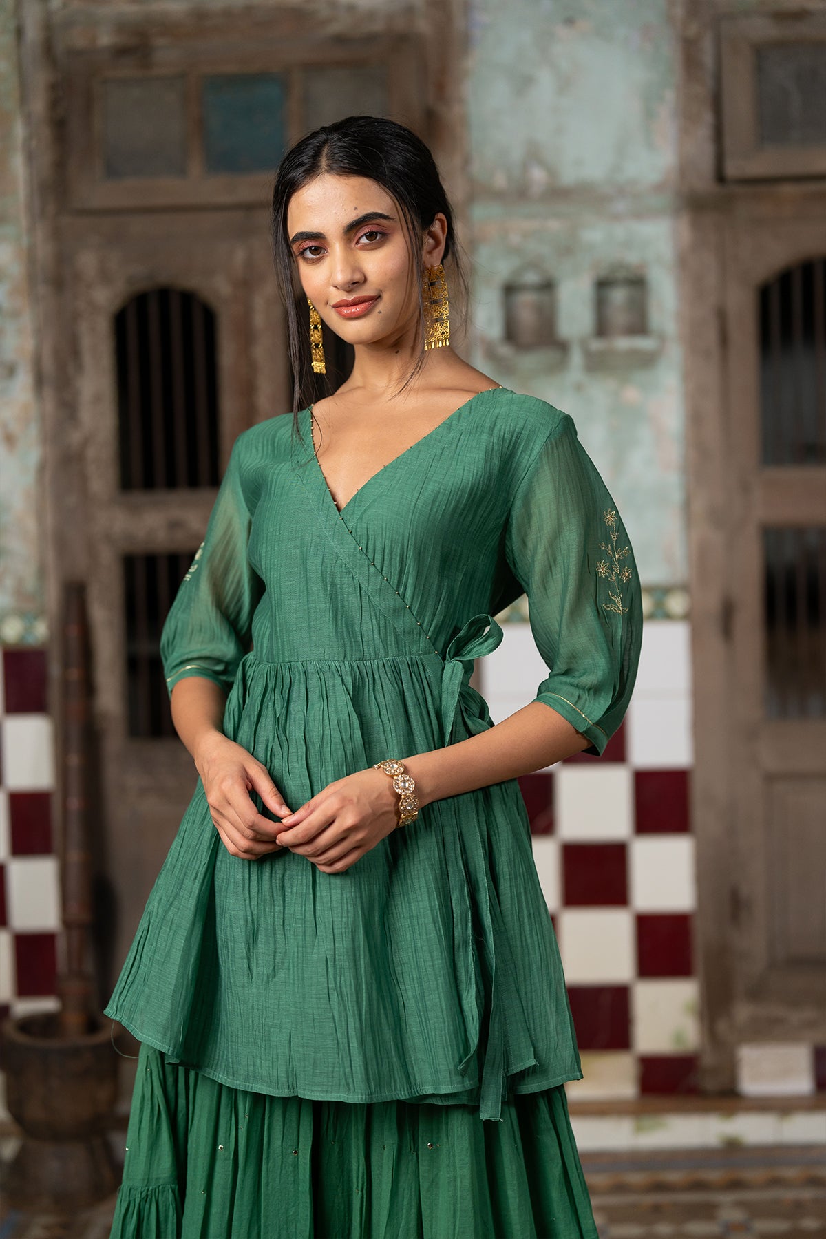 Nisha Chanderi silk Wrap top - Green