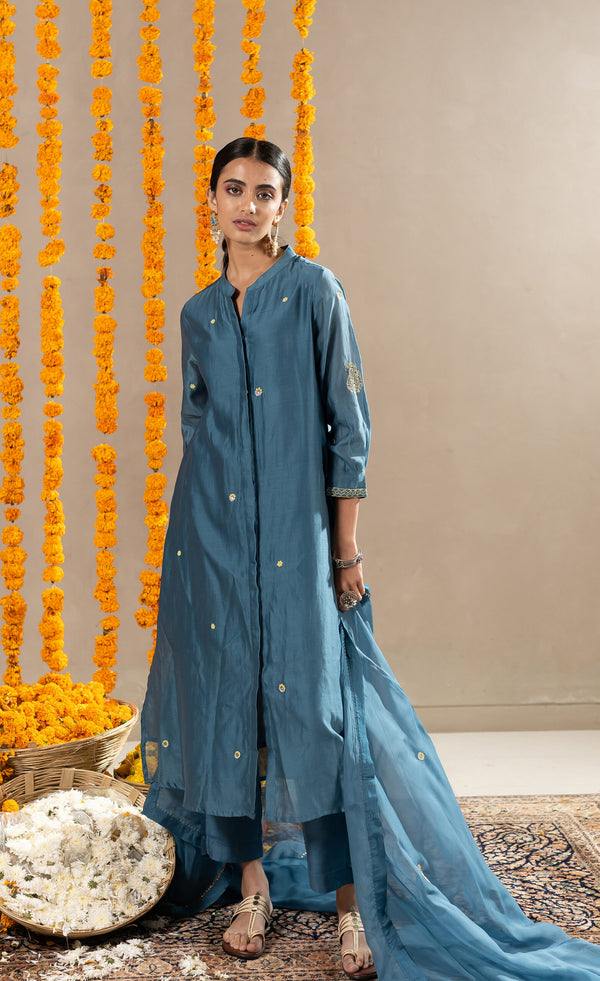 Noor-Buttoned-Up-Kurta-With-Pants-Aegean-Blue-