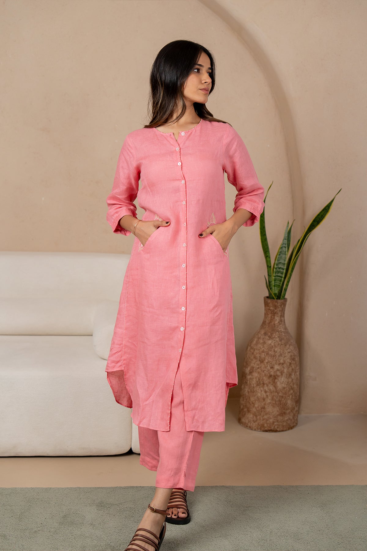Olivia-Linen-Kurta-and-Pants-Set-With-Pockets-Flamingo-Pink-