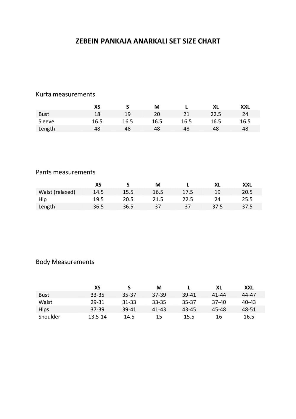 Size Chart 1