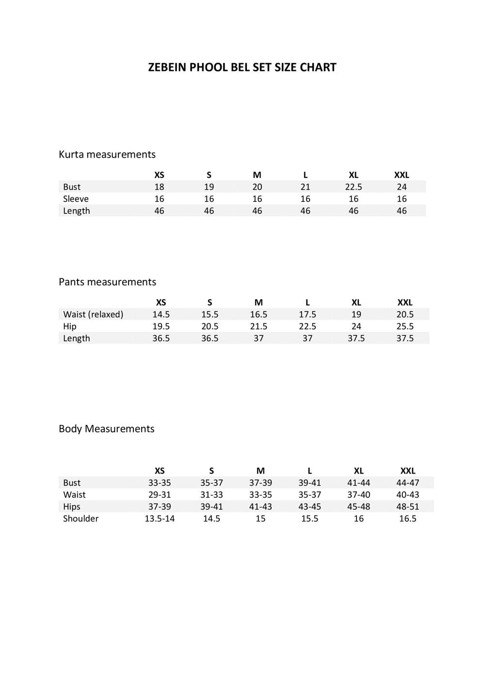 Size Chart 1