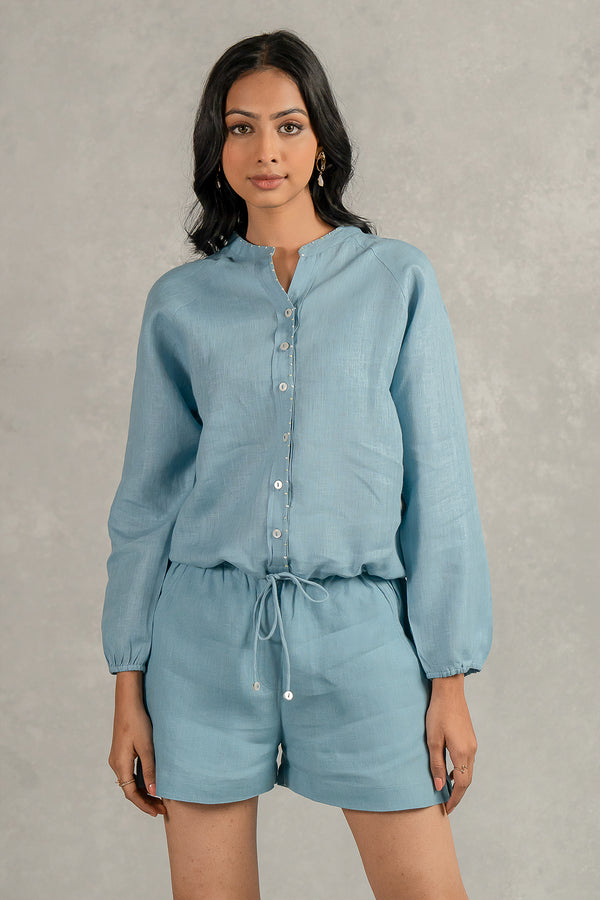 Paloma Linen Drawstring Shirt - Icy Blue