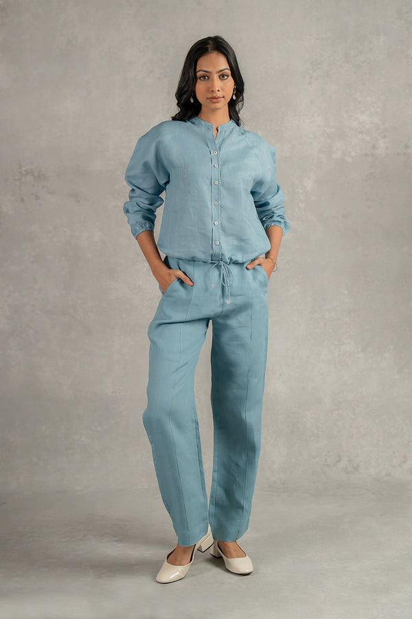 Paloma Linen Drawstring Shirt - Icy Blue