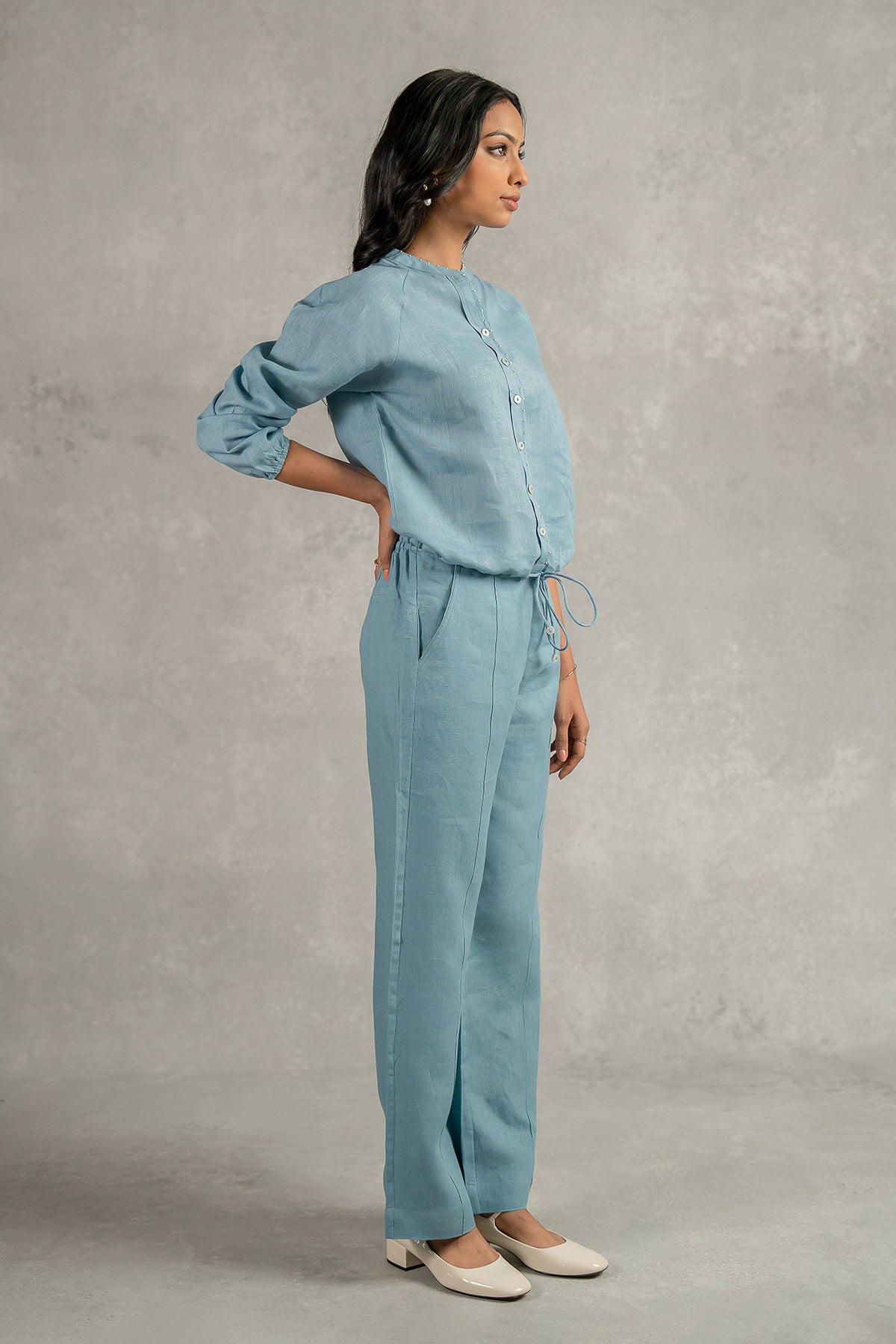 Paloma Linen Drawstring Shirt - Icy Blue