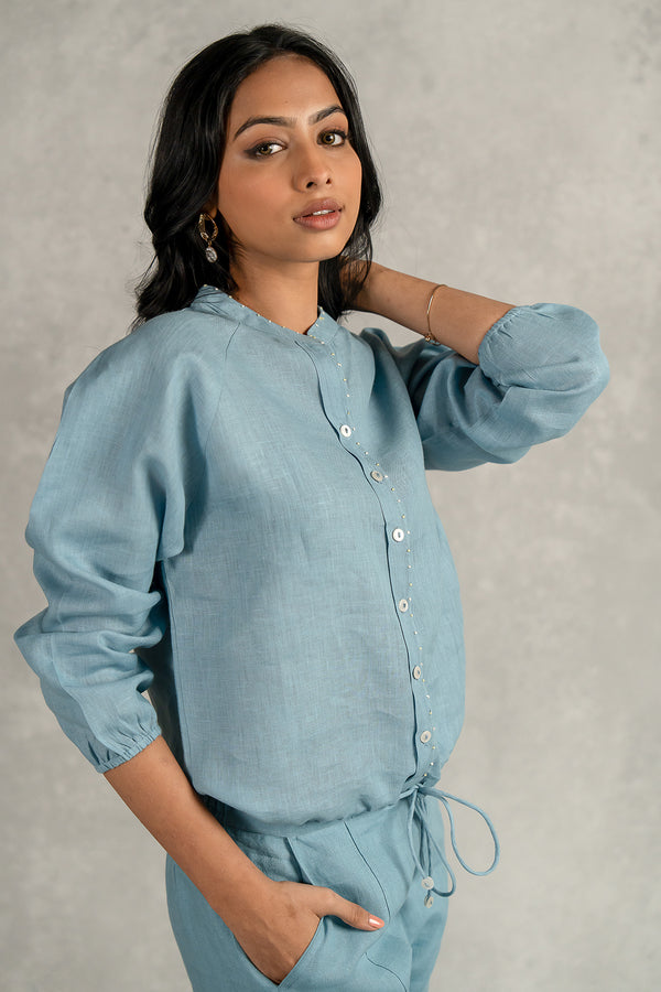 Paloma Linen Drawstring Shirt - Icy Blue
