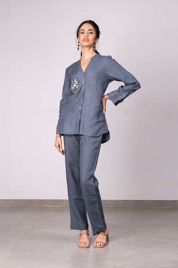 Pamela Linen Shirt With Patch Pocket – Charcoal Grey