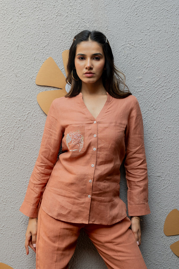 Pamela Linen Shirt With Patch Pocket – Sand Brown